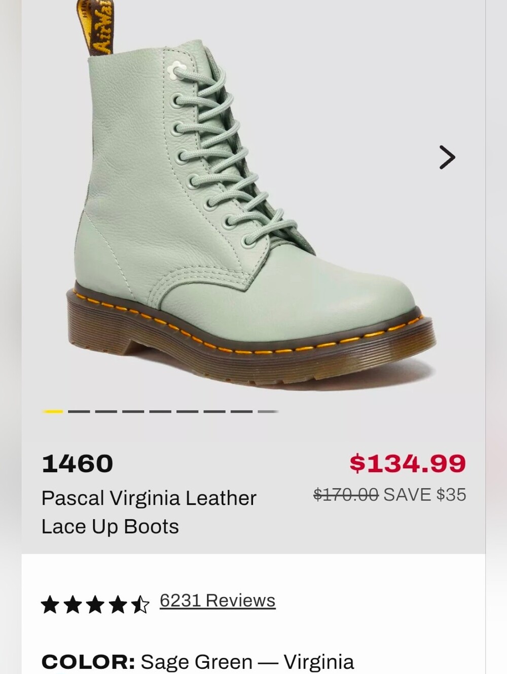 Dr. Martens Sage Green Virginia Leather Lace-Up Boots - Picture 6 of 6
